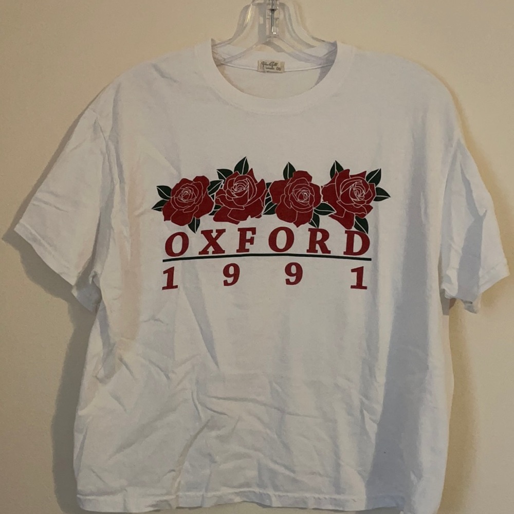 Oxford White Tee with Red Rose Design